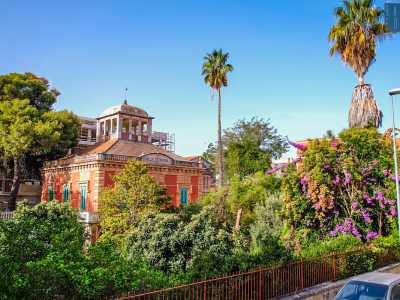 � circondata da un verdeggiante giardino di agrumi, ulivi, palme, pini e folti arbusti il quale, nelle stagioni pi� calde, si riempie anche di colorati e profumati fiori di glicine, zagare e bouganville che rivestono interamente la recinzione